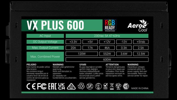 Блок питания для компьютера AeroCool VX Plus 600Вт